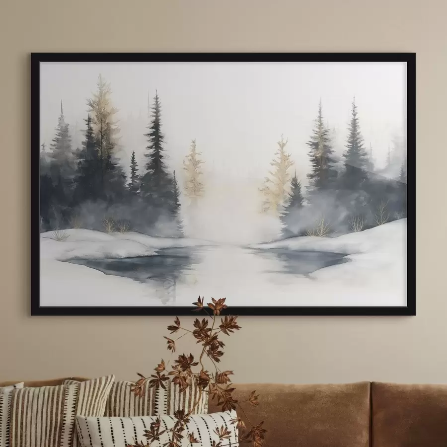 Fotobehang Winterlandschap met rivier en pijnbomen, natuur, bos, mist f42374