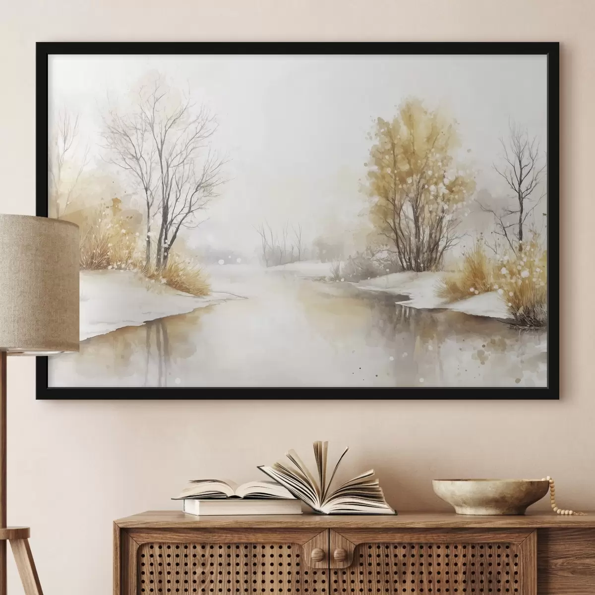 Poster Winterlandschap, rivier en bomen, aquarel stijl, beige kleuren f42376