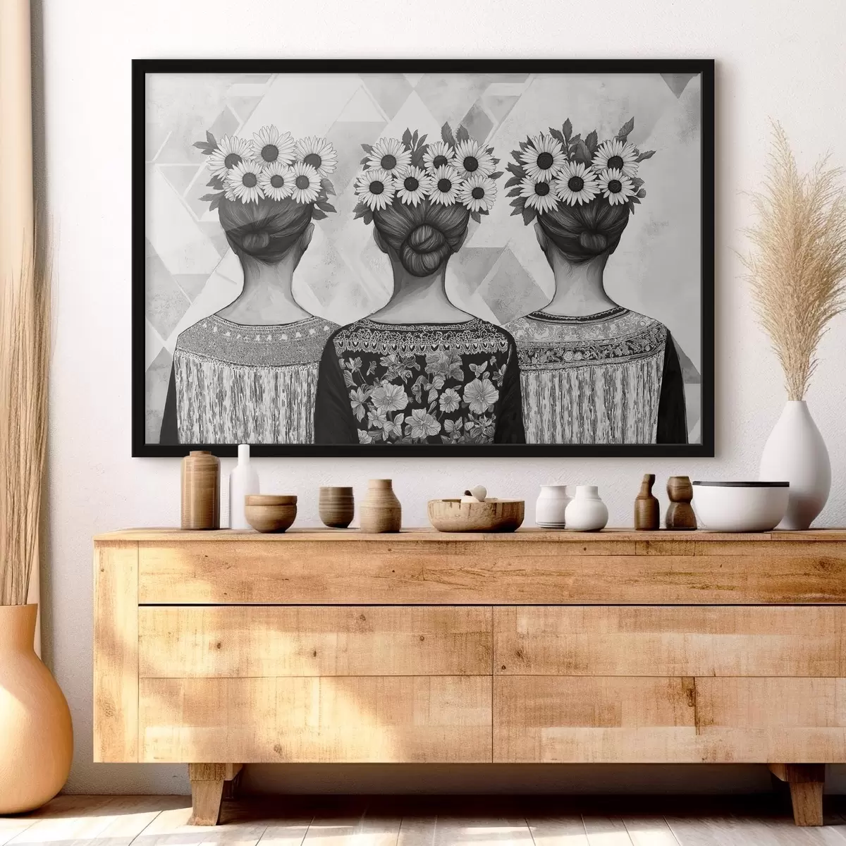 Affiche Trois femmes en vêtements ethniques, dessin au crayon, tournesols f42377