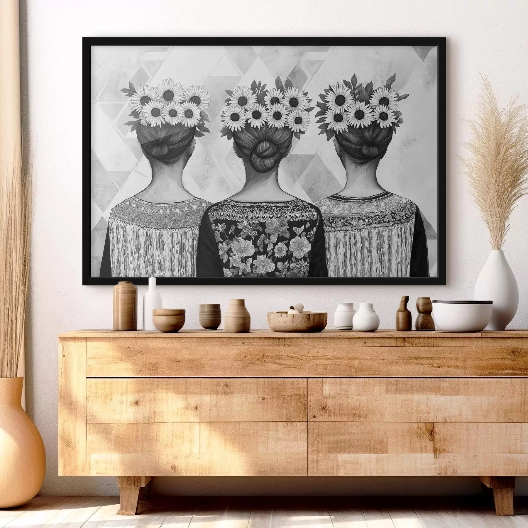  Peintures Trois femmes en vêtements ethniques, dessin au crayon, tournesols f42377