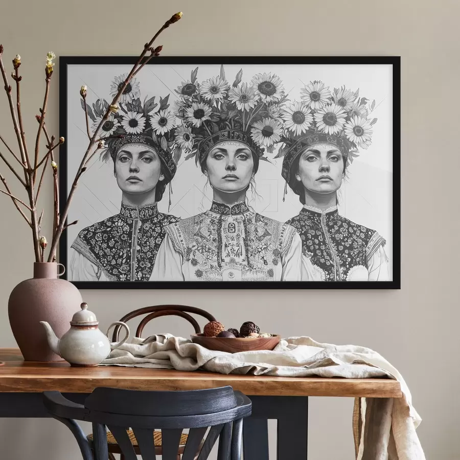 Fotobehang Oekraïense vrouwen in etnische kleding met bloemenkransen f42379