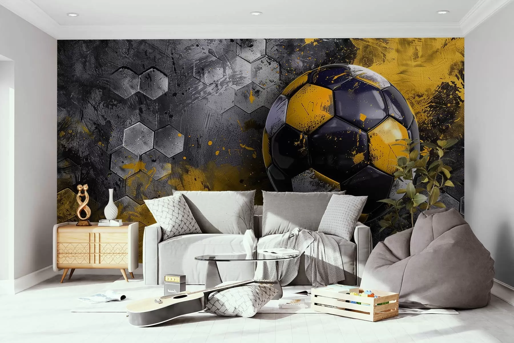 Papier peint photo Ballon de football sur fond de nids d'abeilles avec des taches de peinture jaune w08616
