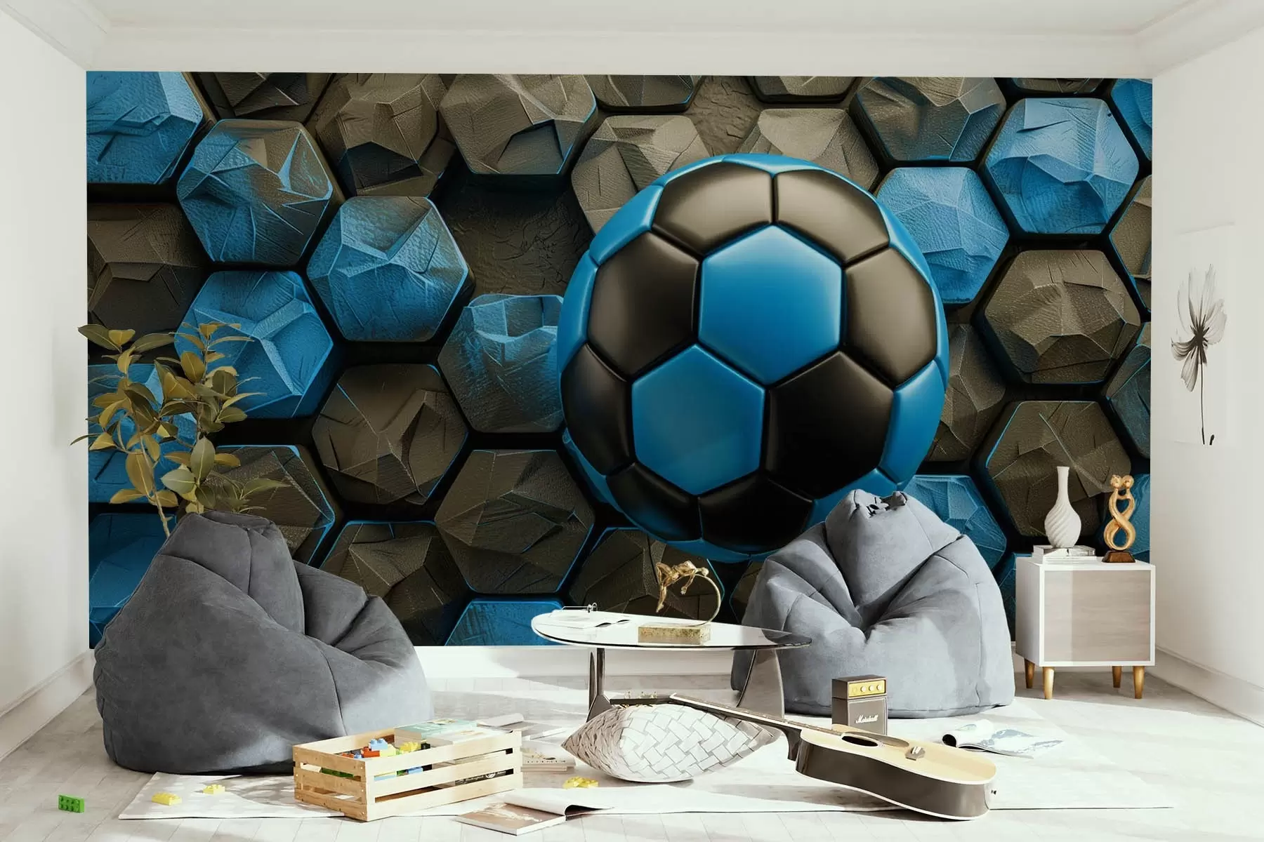 Fotobehang Grote voetbal en zwarte en blauwe honingraten w08617