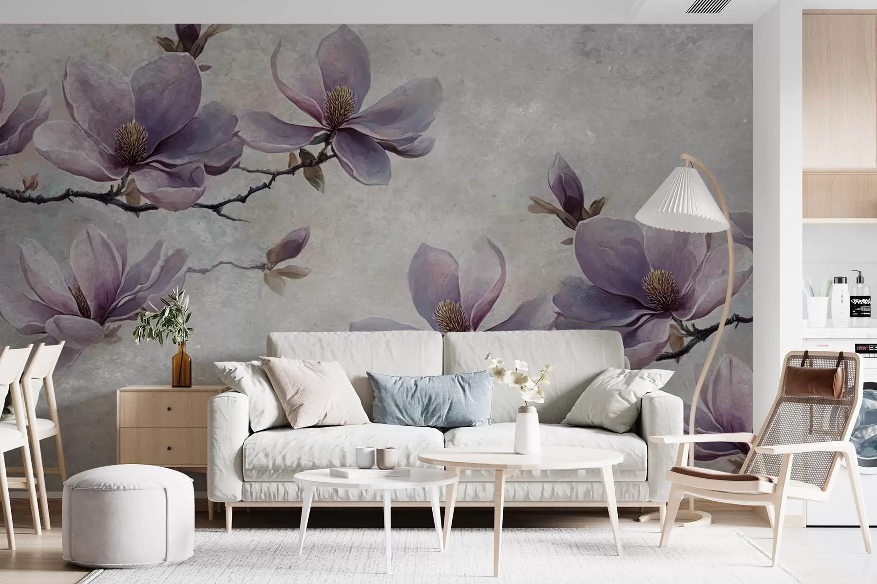 Papier peint photo Branches de magnolias sur fond gris aquarelle w08624
