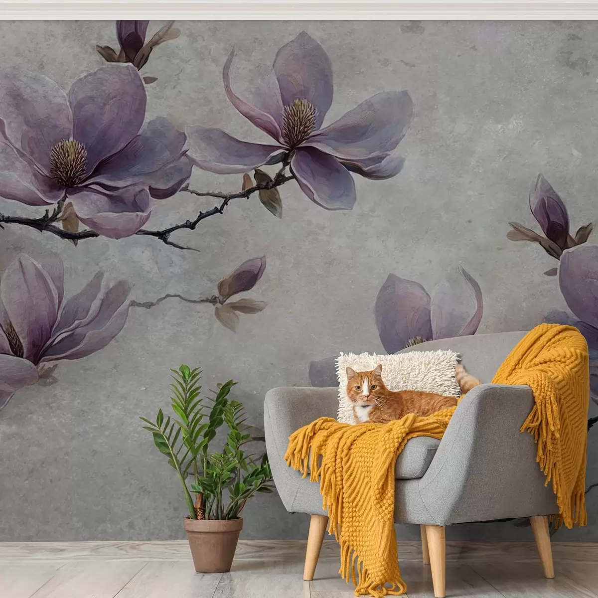 Papier peint photo Branches de magnolias sur fond gris aquarelle w08624
