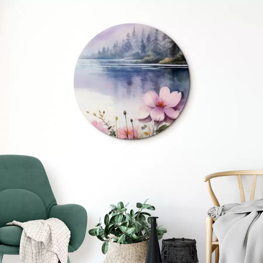  Peintures Fleurs roses sur fond de lac dans les montagnes r42393