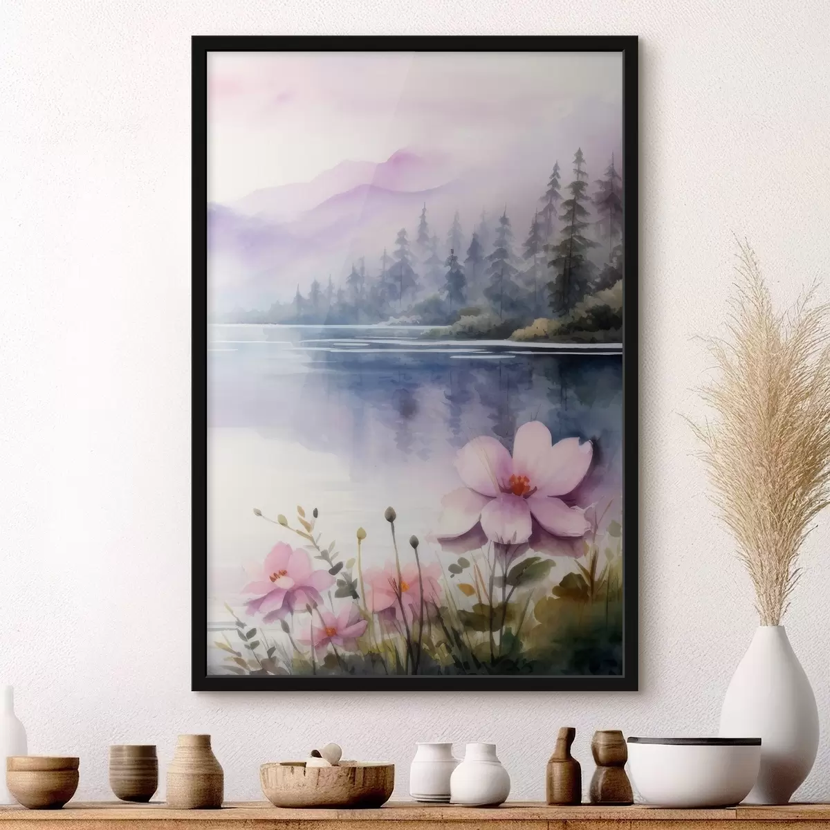 Affiche Fleurs roses sur fond de lac dans les montagnes f42393