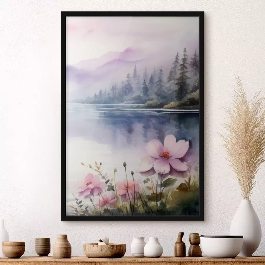 Fotobehang Roze bloemen tegen de achtergrond van een meer in de bergen f42393