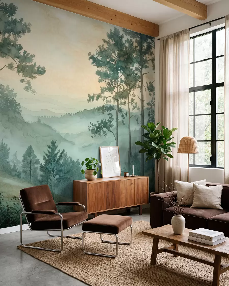 Fotobehang panorama van het bos met heuvels w02690