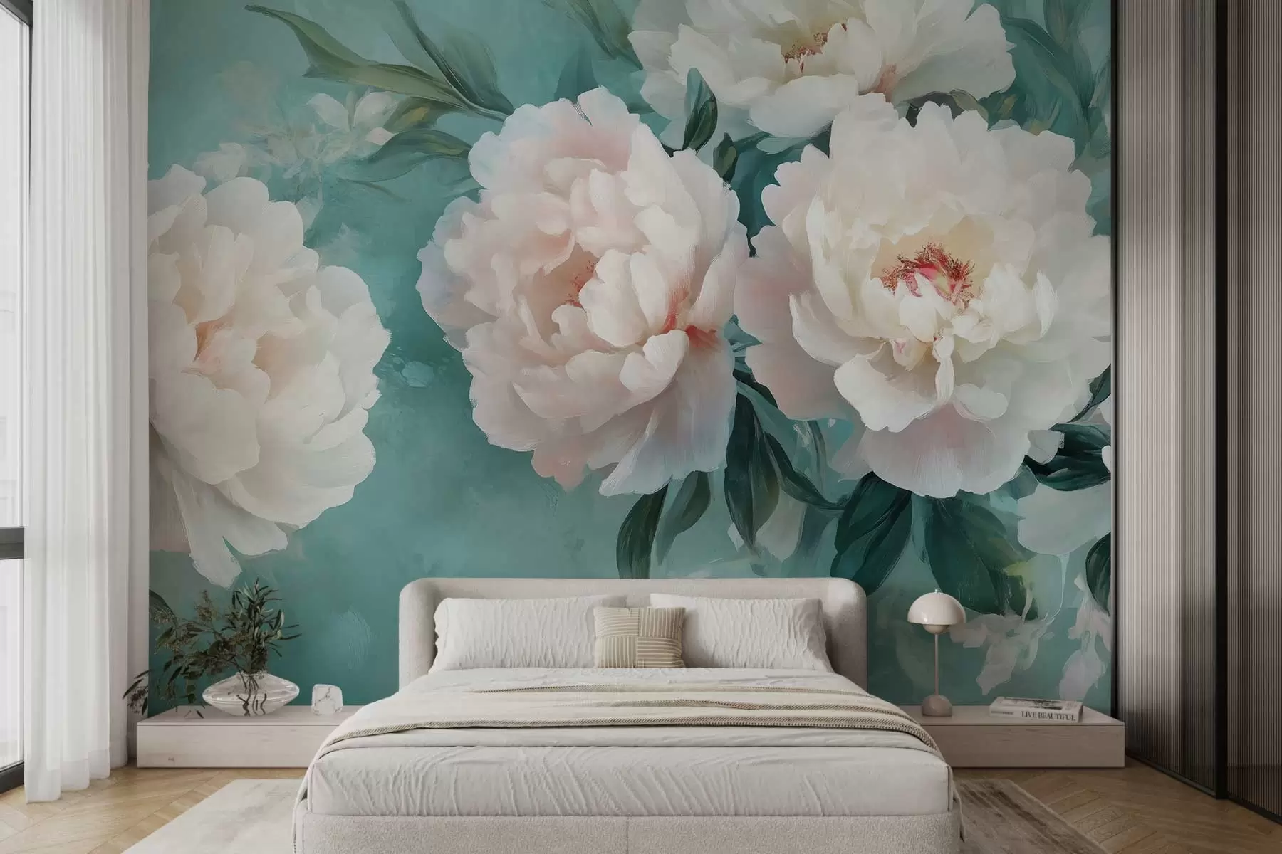 Papier peint photo grandes fleurs de pivoines luxuriantes sur fond turquoise w02763