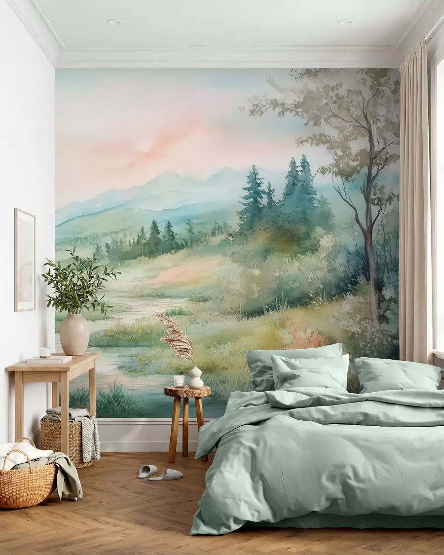 Papier peint photo paysage aquarelle avec un chemin et des montagnes w02764