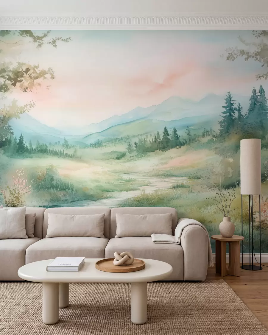 Fotobehang aquarel landschap met een pad en bergen w02764