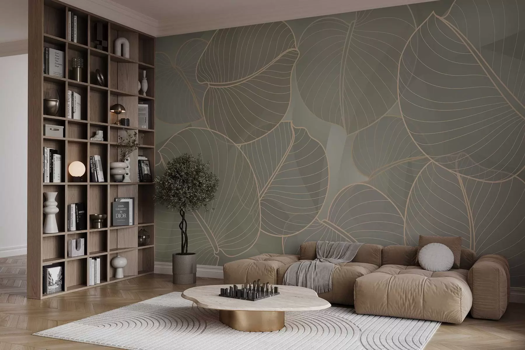 Papier peint photo feuillage linéaire du lis d'août dans les tons beiges w02768