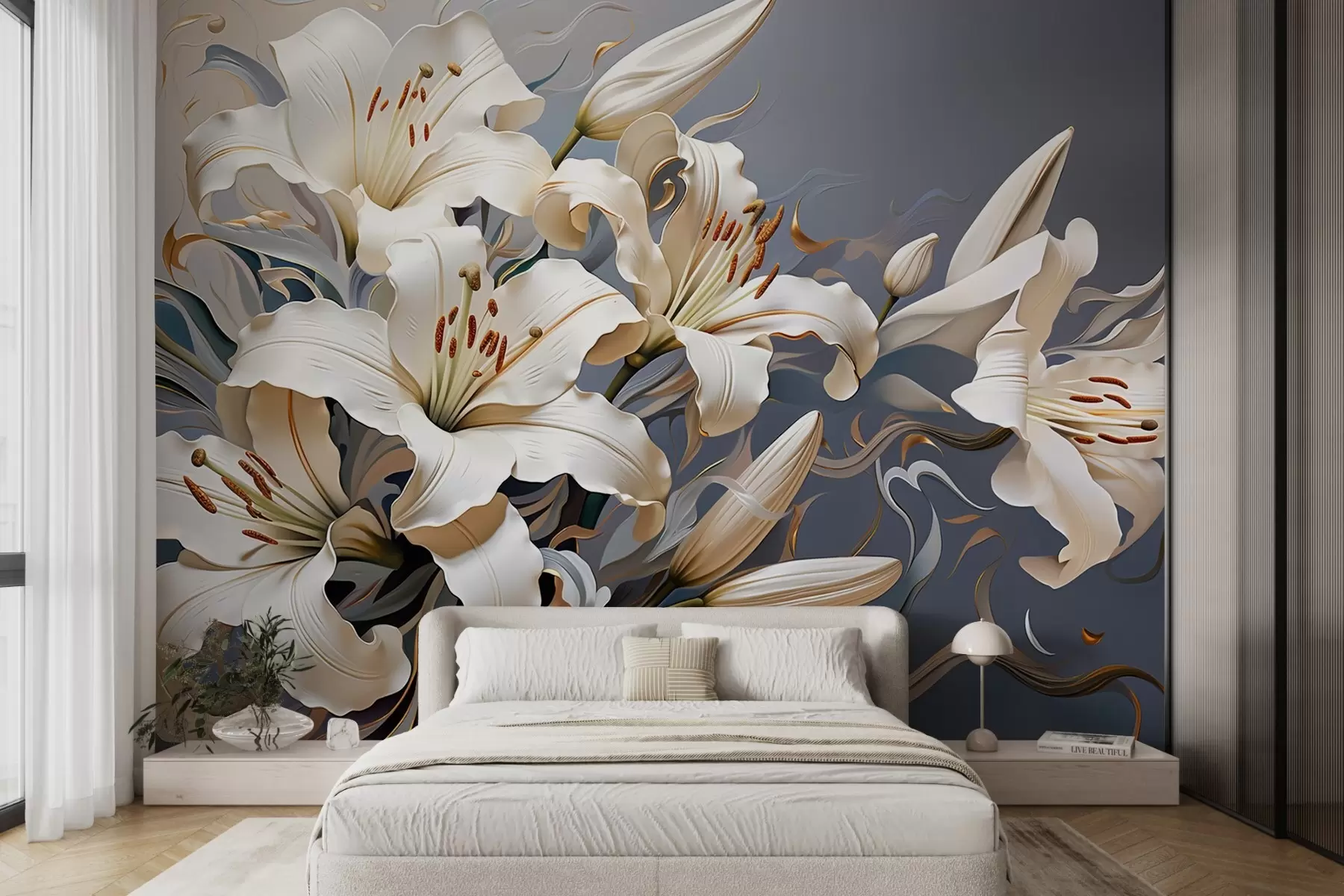 Papier peint photo Lys blancs raffinés sur fond gris-bleu w08633