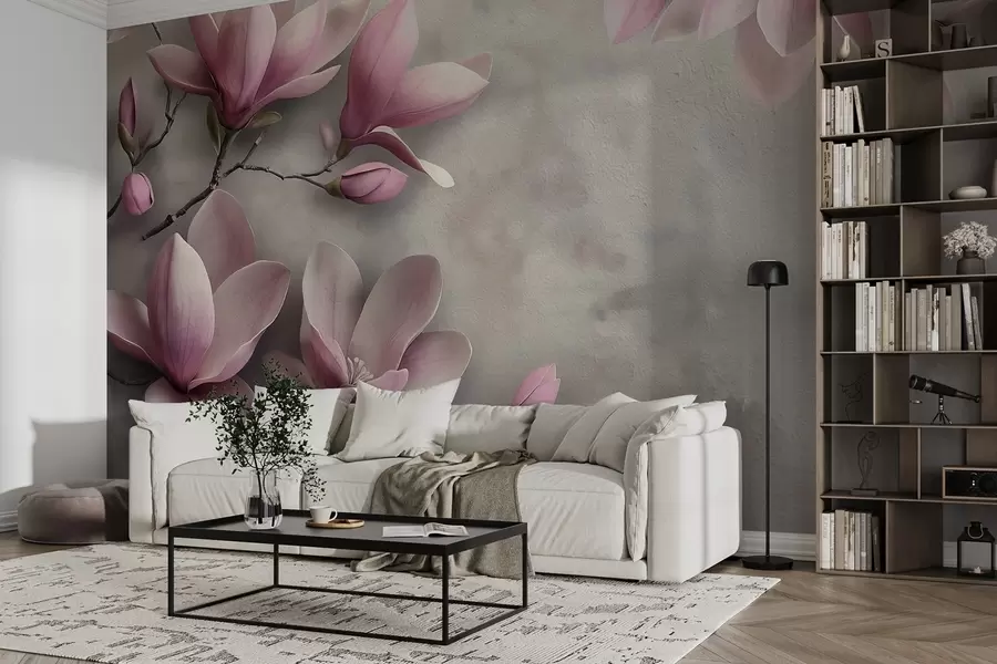 Fotobehang Delicate roze magnolia's op een betonnen muur in grijstinten w08636v1