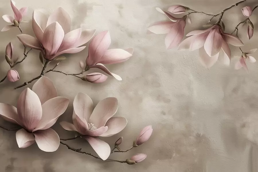 Fotobehang Delicate roze magnolia's op een betonnen muur in sepiatinten w08636v2
