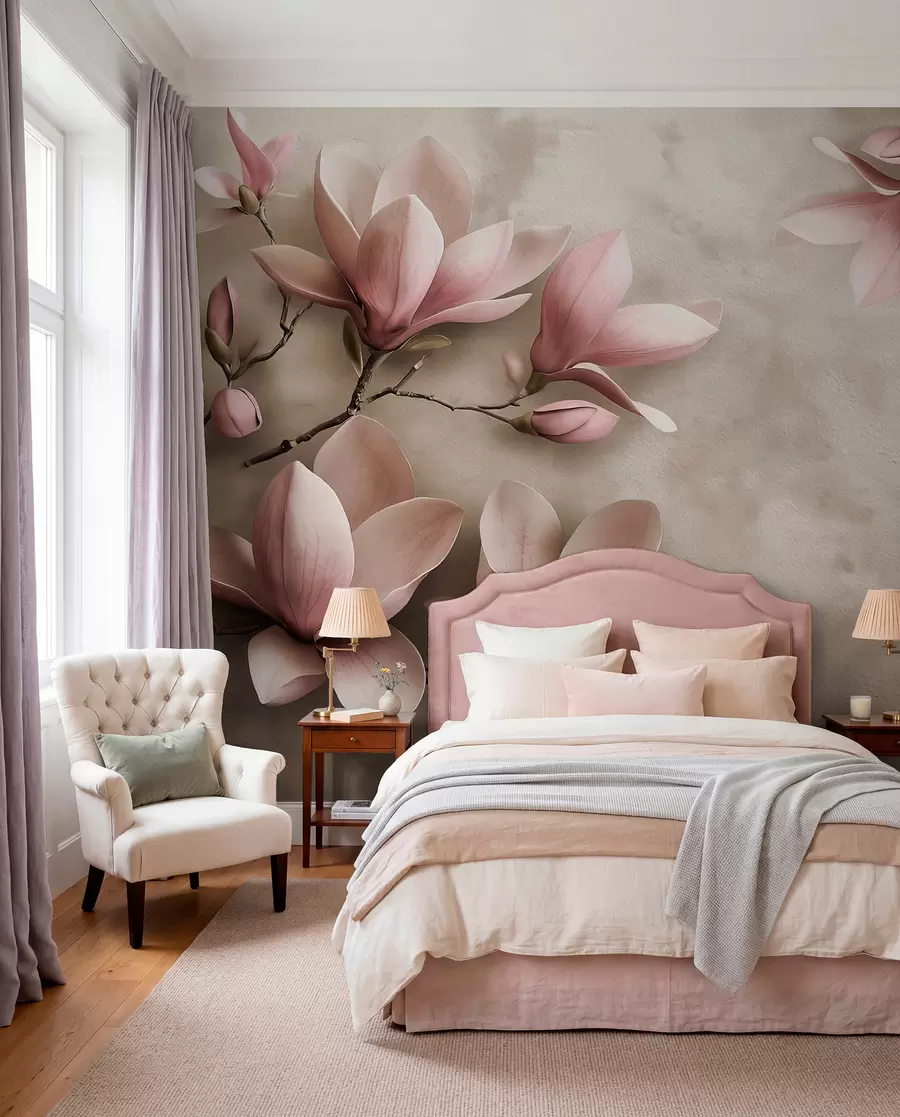 Fotobehang Delicate roze magnolia's op een betonnen muur in sepiatinten w08636v2