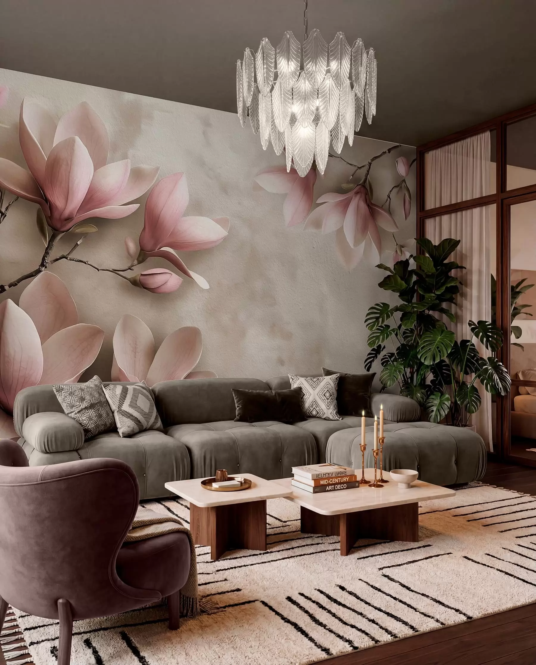 Fotobehang Delicate roze magnolia's op een betonnen muur in sepiatinten w08636v2