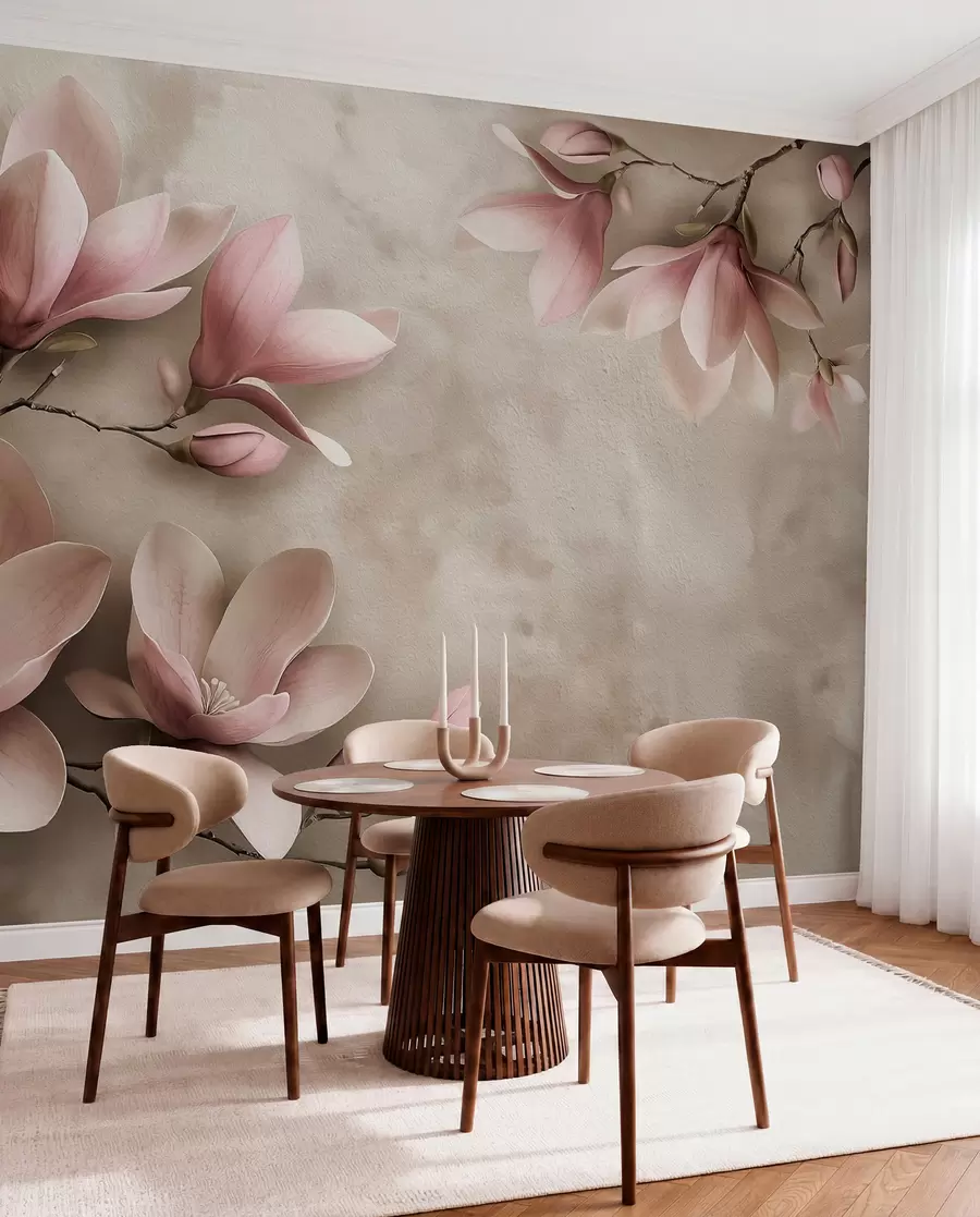 Papier peint photo Magnolias roses délicats sur un mur en béton dans des tons sépia w08636v2