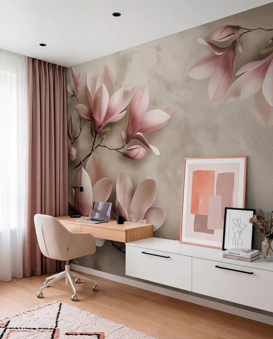 Fotobehang Delicate roze magnolia's op een betonnen muur in sepiatinten w08636v2