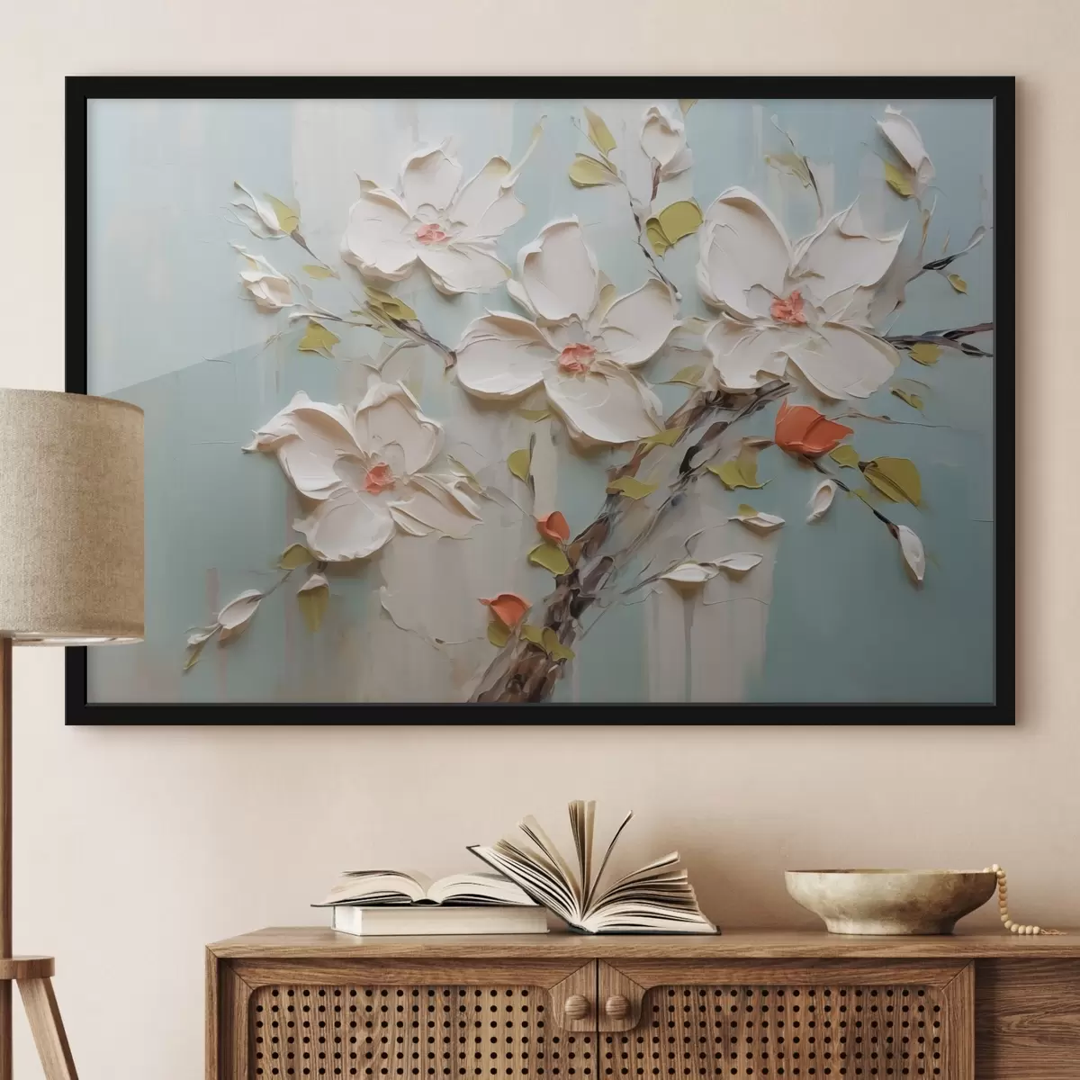 Poster Witte bloemen imitatieverfstreken f42417