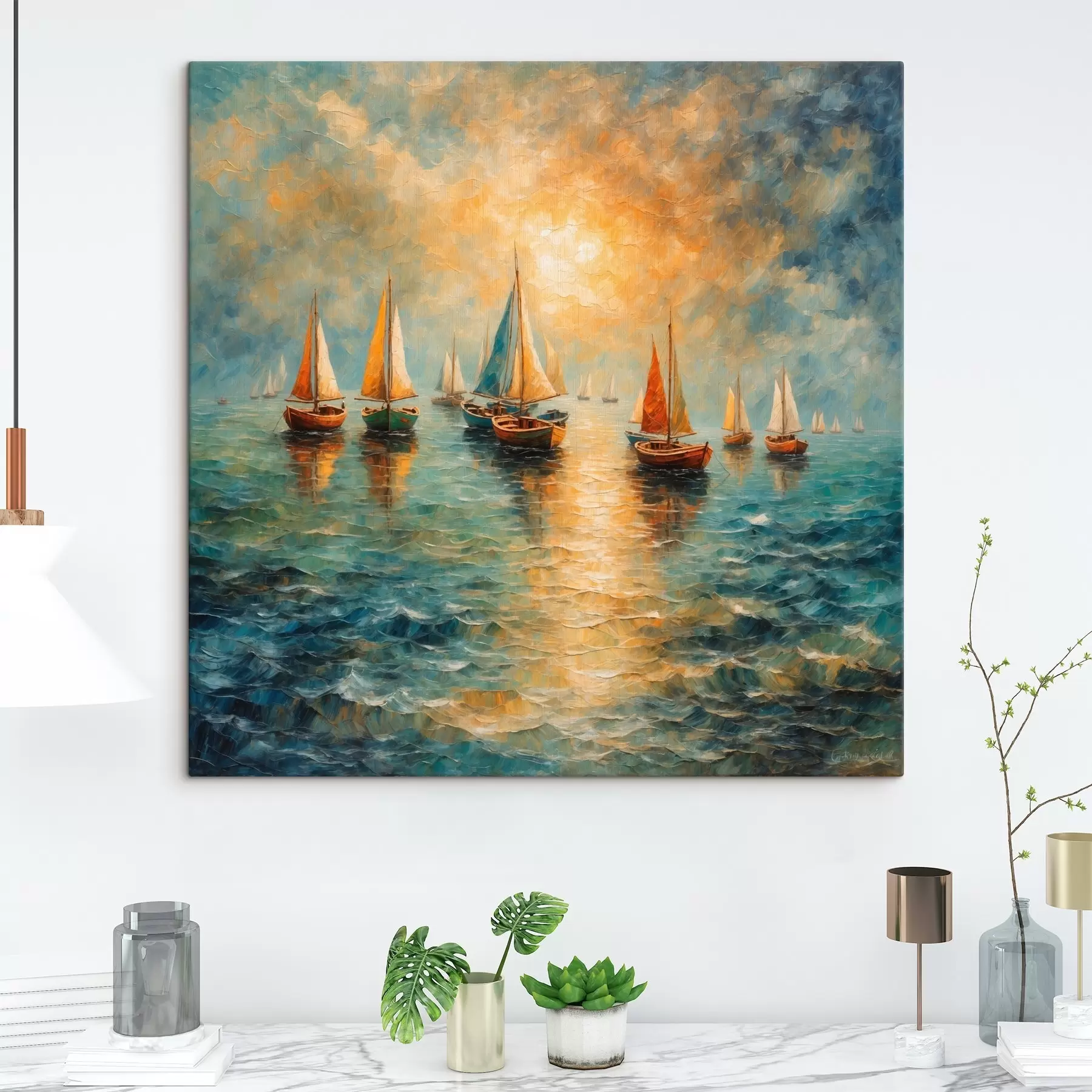 Papier peint photo Navires voguant vers le coucher du soleil s42251