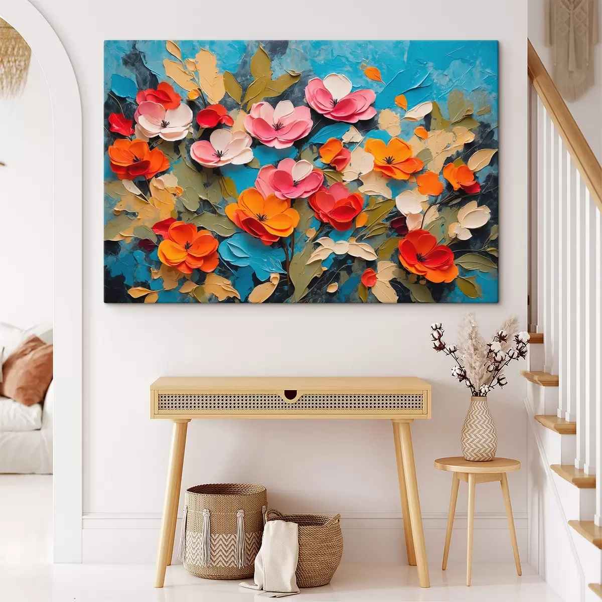  Peintures Fleurs et feuilles sur fond bleu s42255