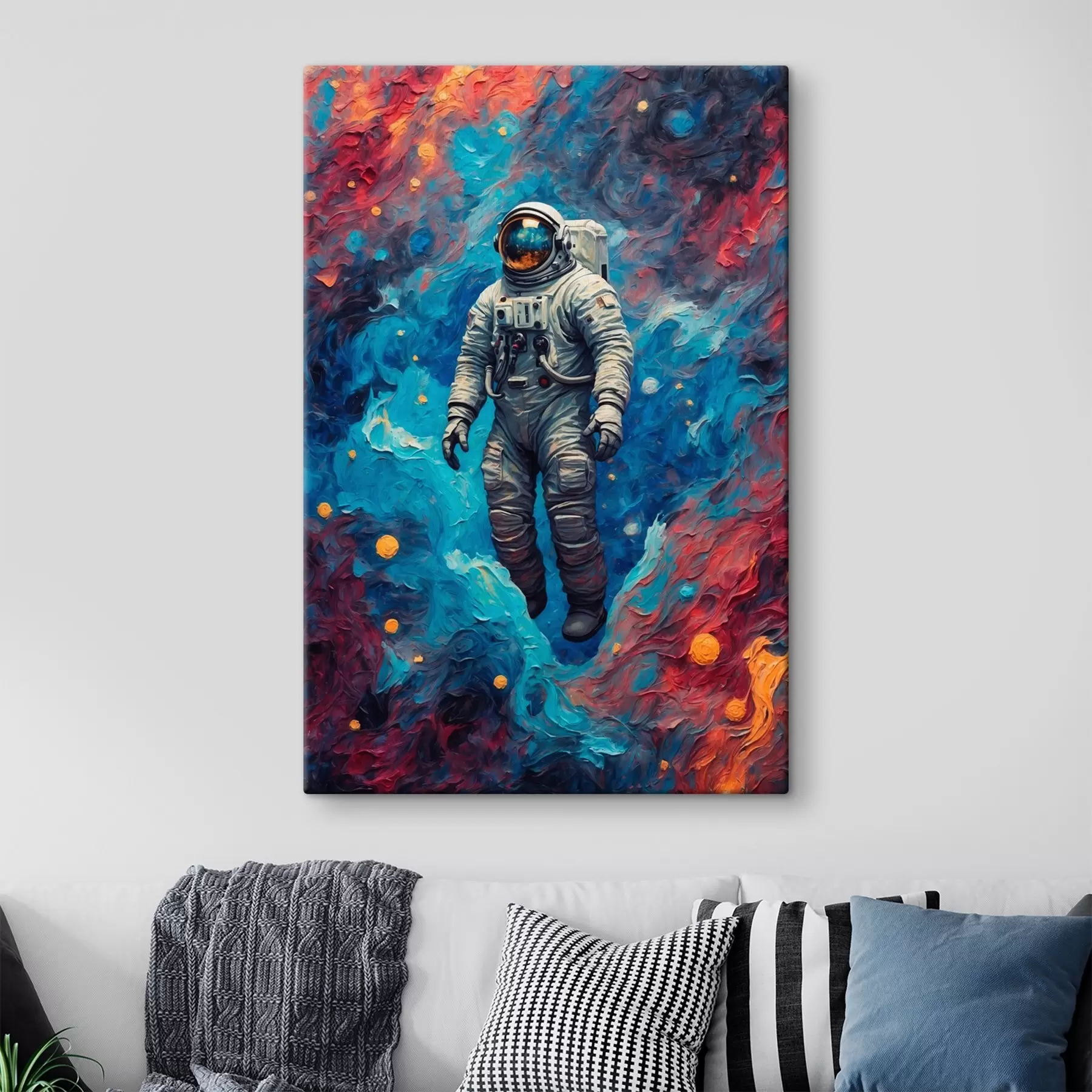 Fotobehang Astronaut op abstracte ruimteachtergrond in olieverfschilderijstijl s42265