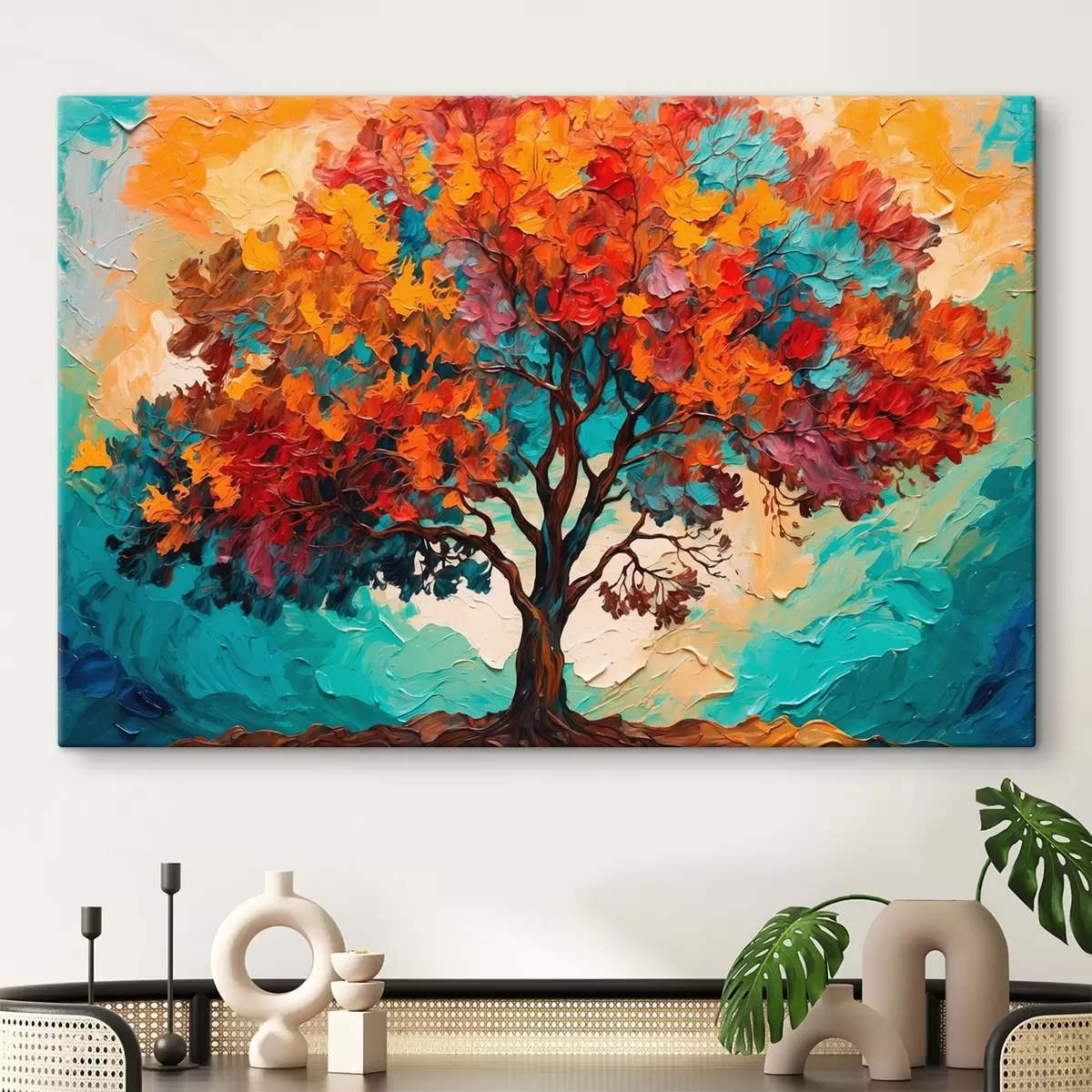  Peintures Arbre sur fond bleu-orange dans le style de la peinture à l'huile s42267
