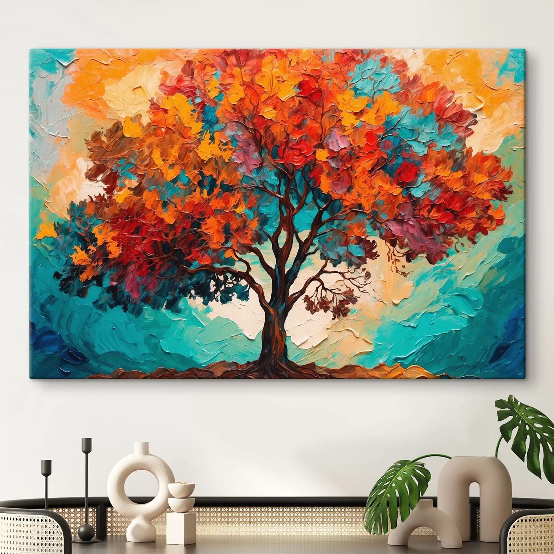  Peintures Arbre sur fond bleu-orange dans le style de la peinture à l'huile s42267