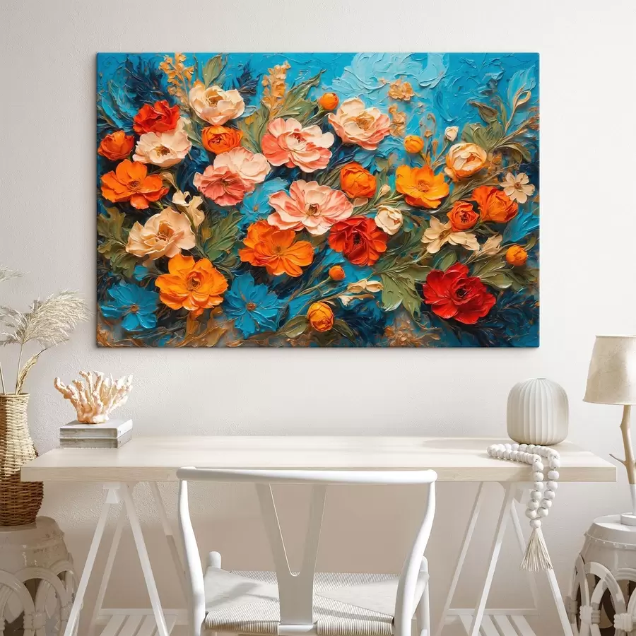  Schilderijen Diverse bloemen op abstracte blauwe achtergrond in olieverfstijl s42269