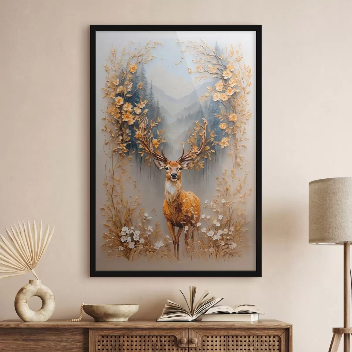 Poster Hert met groot gewei op bosachtergrond f42252