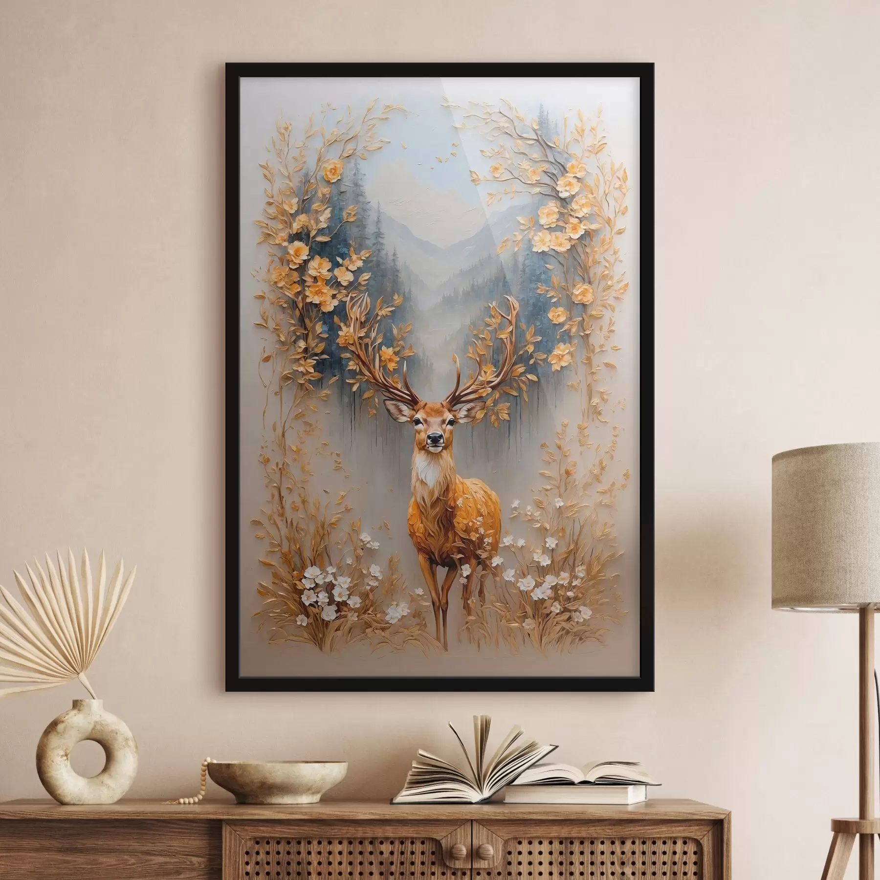  Schilderijen Hert met groot gewei op bosachtergrond f42252