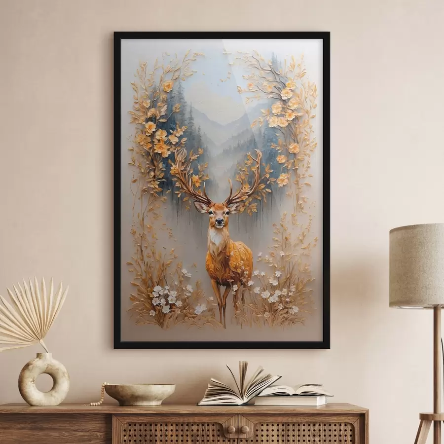 Papier peint photo Cerf avec de grands bois sur fond de forêt f42252