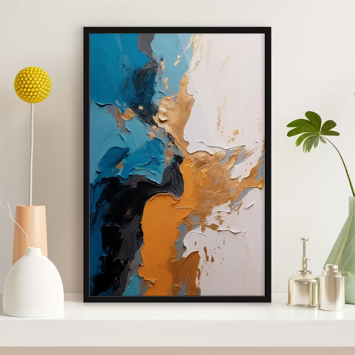 Poster Abstract schilderij met blauwe witte en gele kleuren f42254