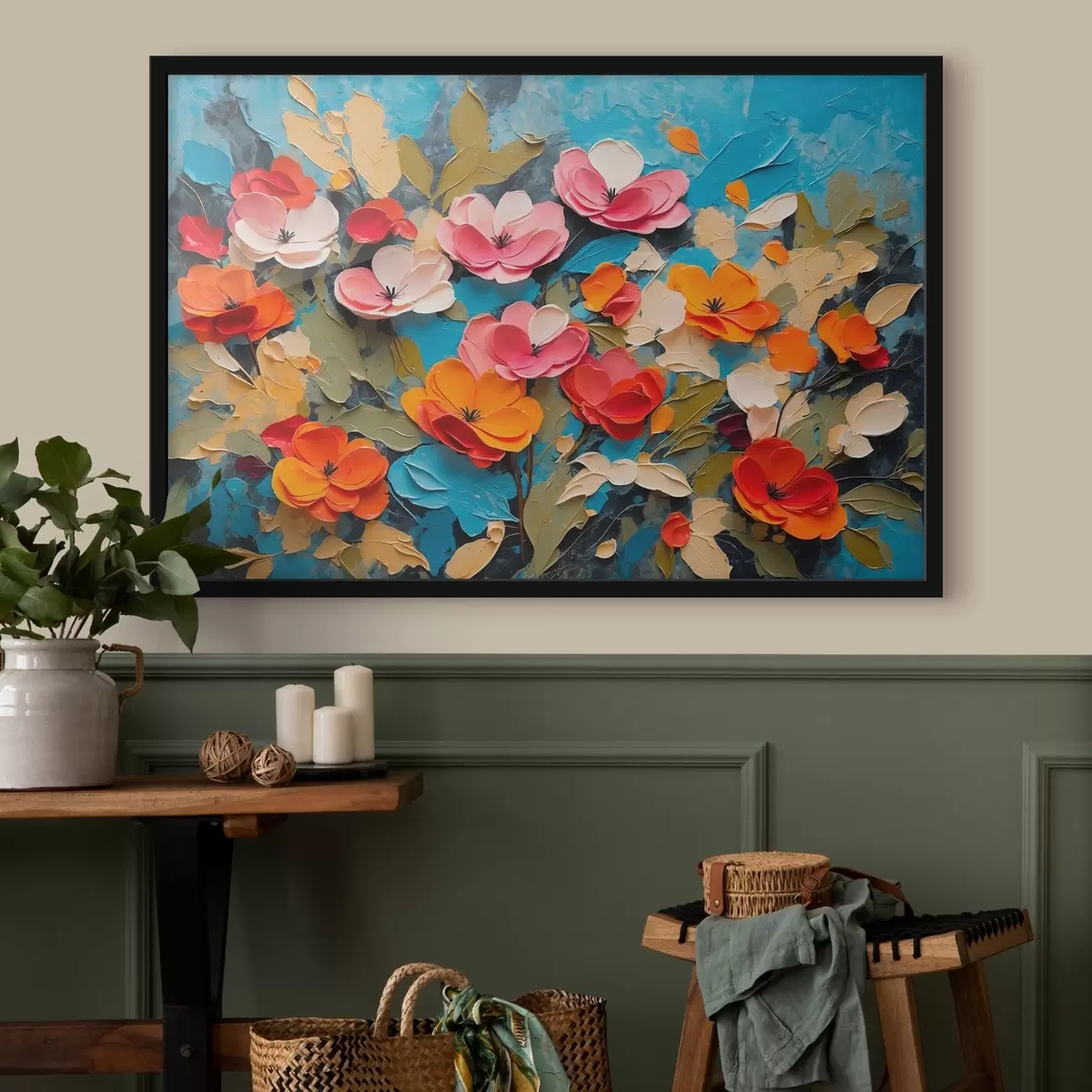 Poster Bloemen en bladeren op blauwe achtergrond f42255