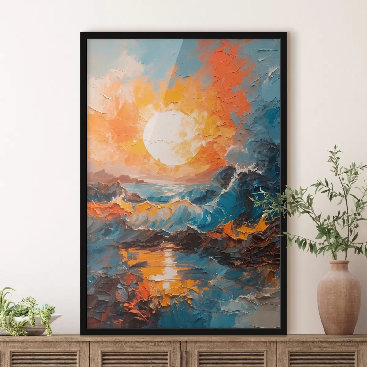 Poster Stormachtige zee en zon in olieverfschilderijstijl f42257