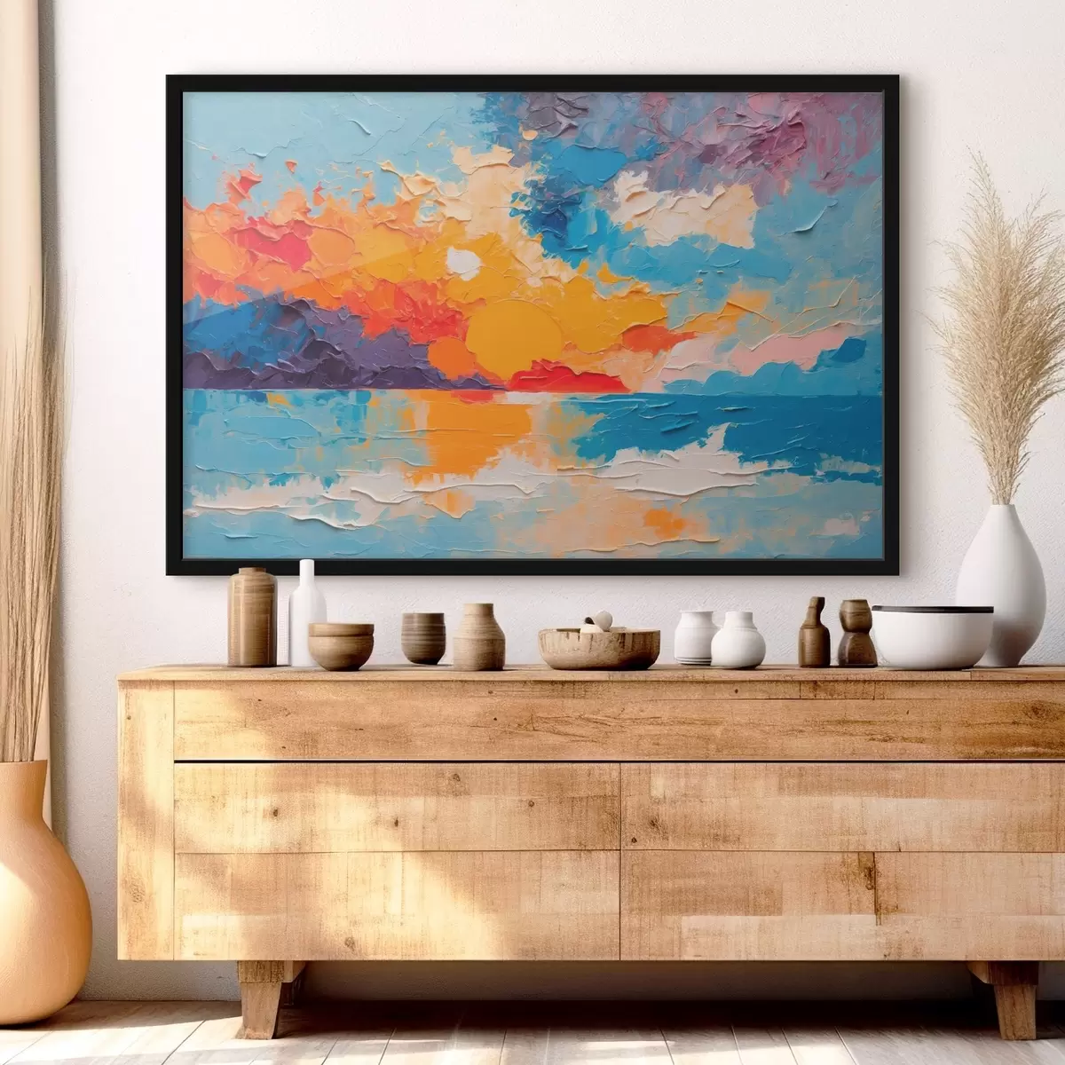 Poster Uitzicht op zee en zon in olieverfstijl f42258