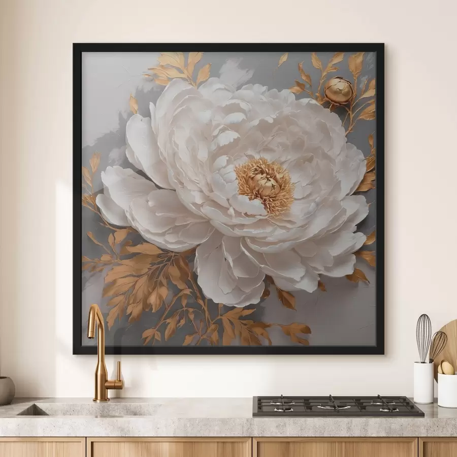 Fotobehang Witte pioen op grijze achtergrond f42260