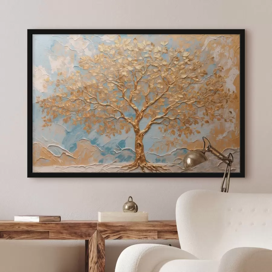 Fotobehang Gele boom op blauw-witte achtergrond f42266
