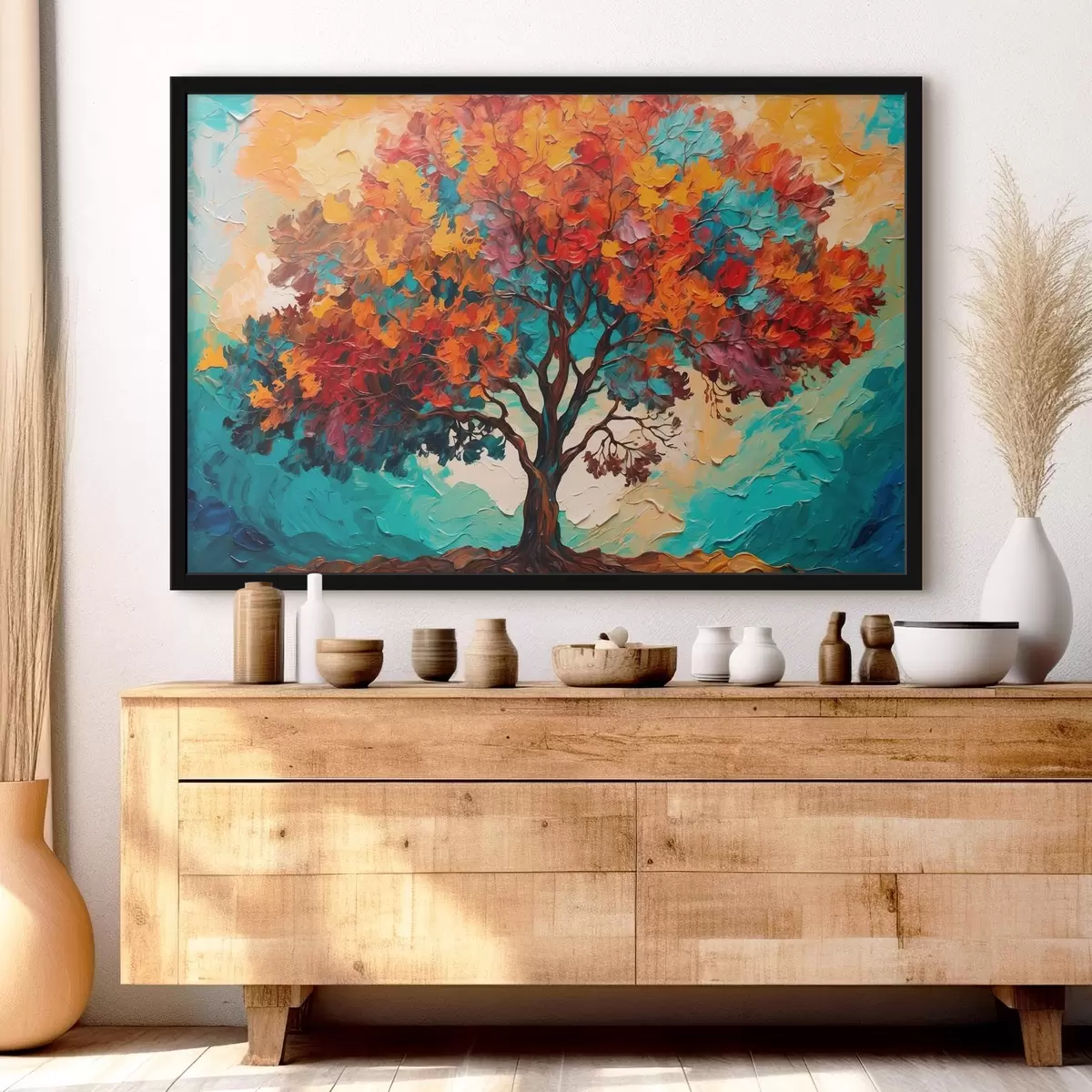 Affiche Arbre sur fond bleu-orange dans le style de la peinture à l'huile f42267