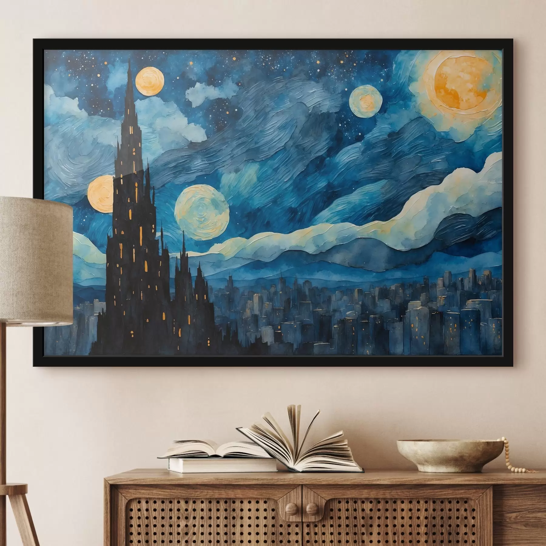 Fotobehang Nachtelijke stad in olieverfstijl f42268