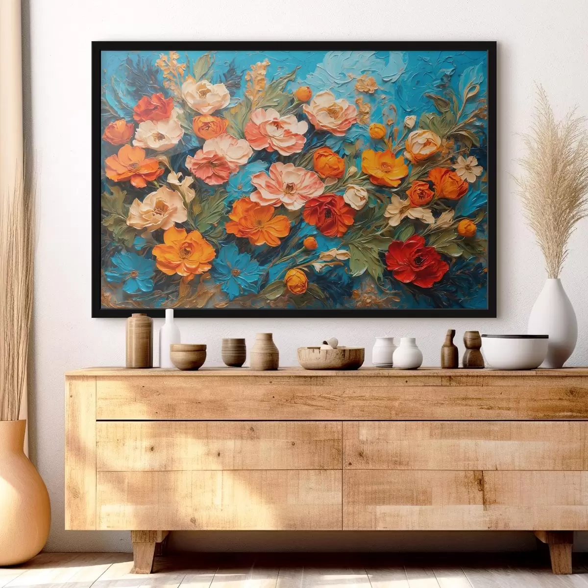 Affiche Diverses fleurs sur fond bleu abstrait dans le style de la peinture à l'huile f42269