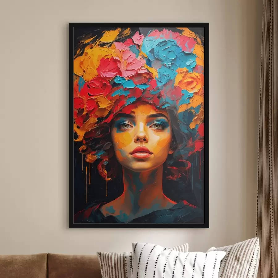 Fotobehang Meisje met bloemen op haar hoofd in olieverfstijl f42271