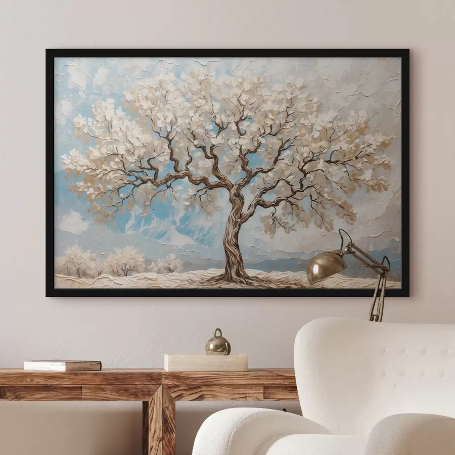Fotobehang Witte boom op blauw-witte achtergrond f42275