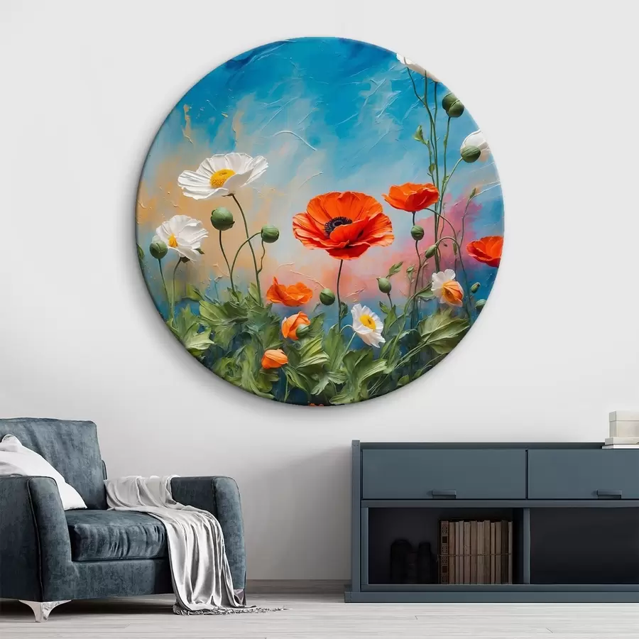  Schilderijen Madeliefjes en klaprozen op blauwe achtergrond r42261