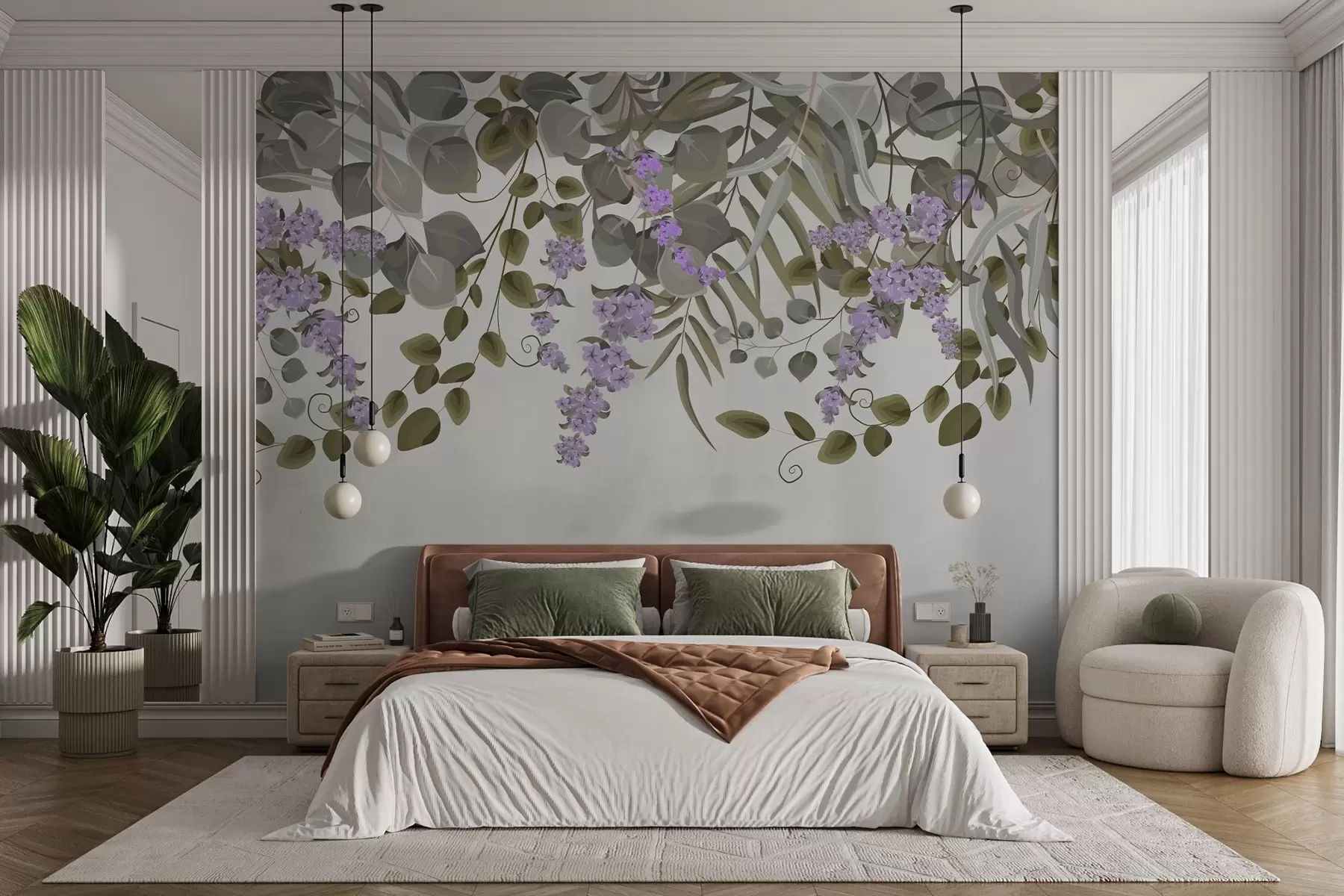 Papier peint photo feuilles vertes et fleurs violettes suspendues w02805