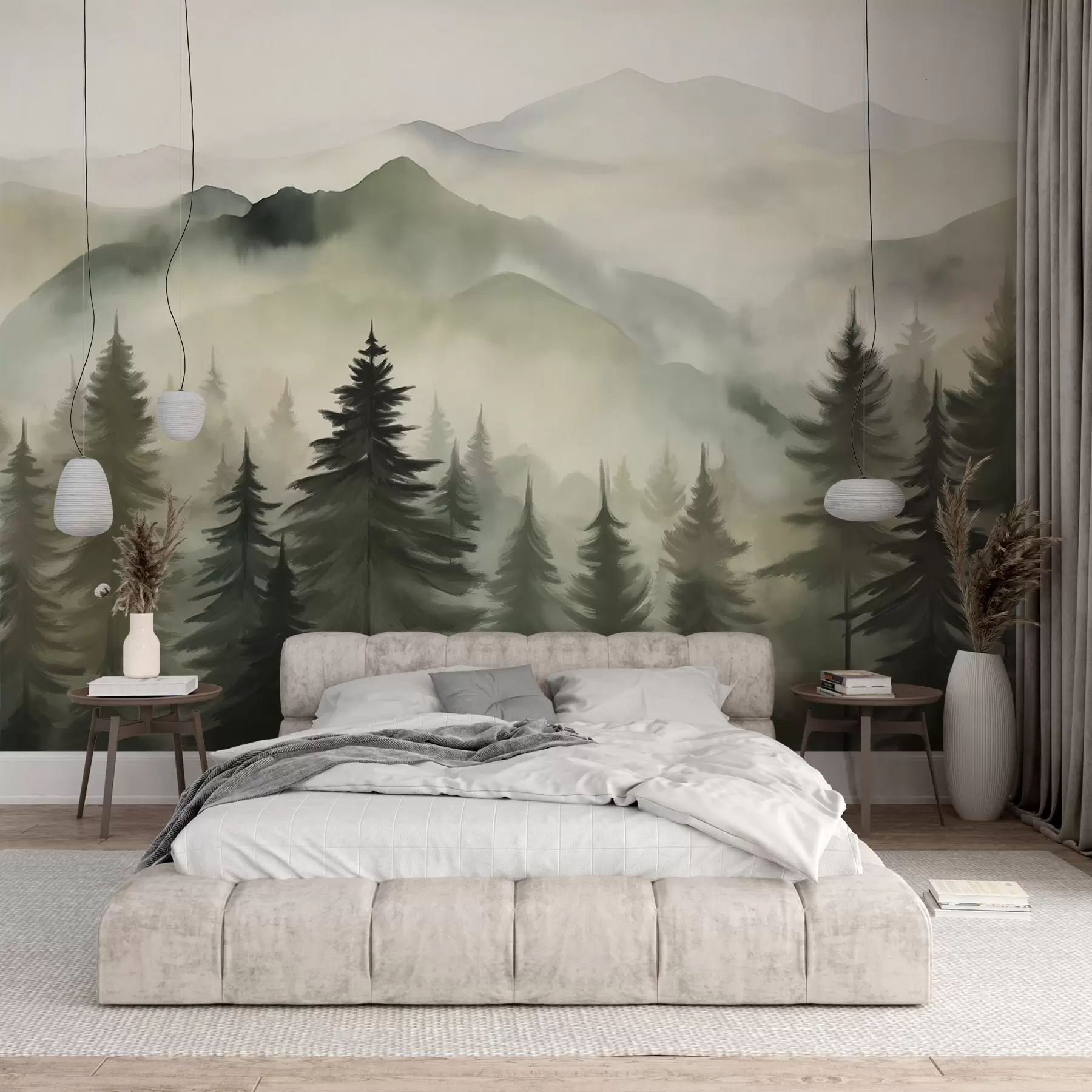 Fotobehang Berglandschap met een bos van pijnbomen en gelaagde bergen tijdens zonsopgang met lichte mist aquarel imitatie kunst w08639