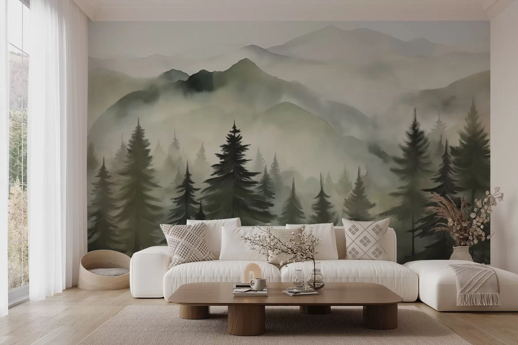 Fotobehang Berglandschap met een bos van pijnbomen en gelaagde bergen tijdens zonsopgang met lichte mist aquarel imitatie kunst w08639