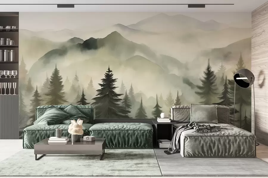 Fotobehang Berglandschap met een bos van pijnbomen en gelaagde bergen tijdens zonsopgang met lichte mist aquarel imitatie kunst w08639